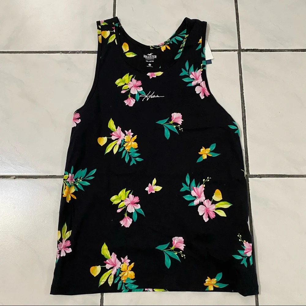 Hollister; Black Neon Tropical Flower Tank Top Sleeveless - Picture 7 of 7